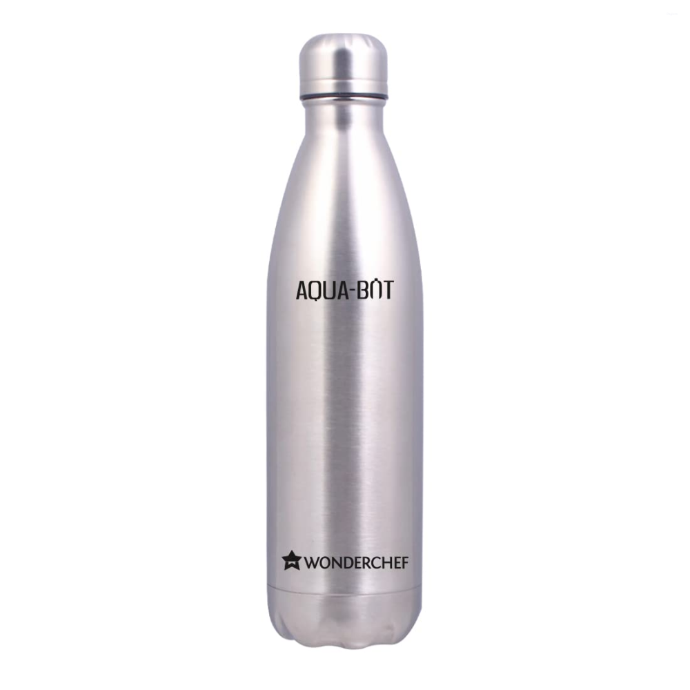 Wonderchef Aqua-Bot 500ml Double Wall Stainless Steel Vacuum Insulated Hot & Cold Flask, Spill & Leak Proof, Silver