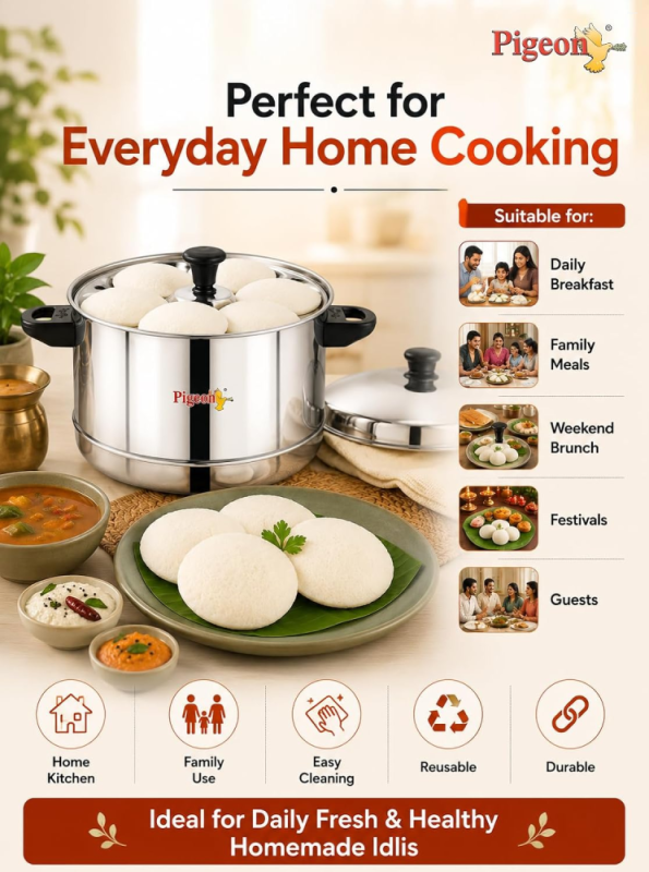 Pigeon Classic-4 4-Plate Stainless Steel Idli Cooker for 16 Idlis with Induction & Gas Stove Compatibility