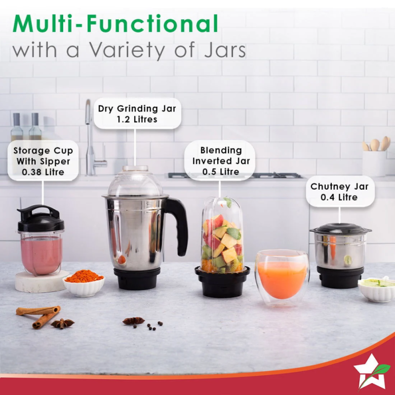 Wonderchef Acura Blender Pro 500W Mixer Grinder with 4 Jars, Stainless Steel Blades, 3-Speed Control & Overload Protection