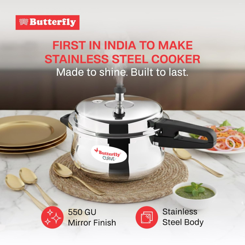 Butterfly Curve 3 Litre Stainless Steel Pressure Cooker with Outer Lid, Induction Base & Stay-Cool Handle