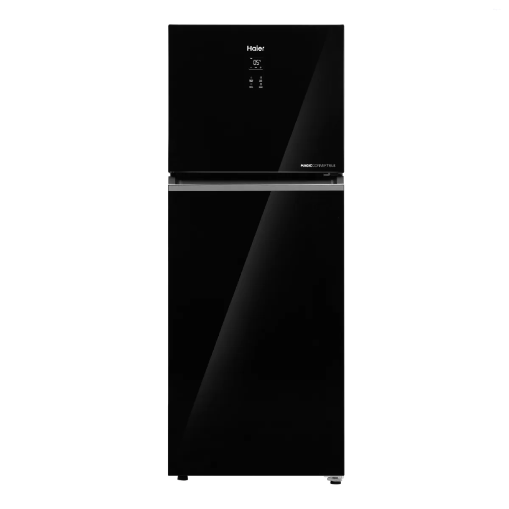 Haier 328 Litres Double Door Refrigerator, Display Panel, Black Glass, 2 Star
