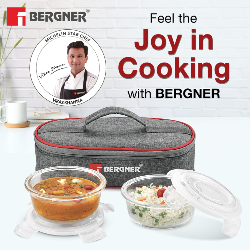 Bergner Acadia 3pcs Lunch Bag Set (2 Glass Container + 1 Lunch Bag) 400ml x 2 Borosilicate Glass, BGIN-6491