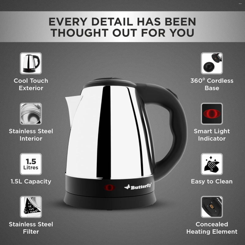 Butterfly EKN 1.5 Litre 1500W Stainless Steel Electric Kettle with Auto Cut-Off, Concealed Heating Element & Wide Mouth