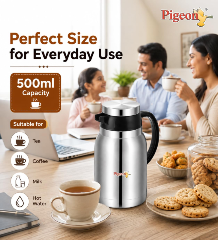 Pigeon Hot Shot 500 ml Stainless Steel Insulated Tea Jug with Double-Wall Vacuum Insulation & Leak-Proof Lid