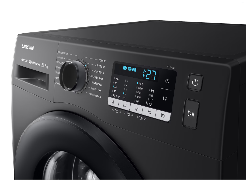 Samsung 8.0 kg Front Load Washing Machine with EcoBubble, Hygiene Steam & DIT Motor, Black Caviar (WW80TA046AB)