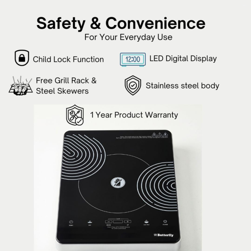 Butterfly Raedius Digi 2200W Infrared Cooktop with Touch Control, LED Display & Child Lock