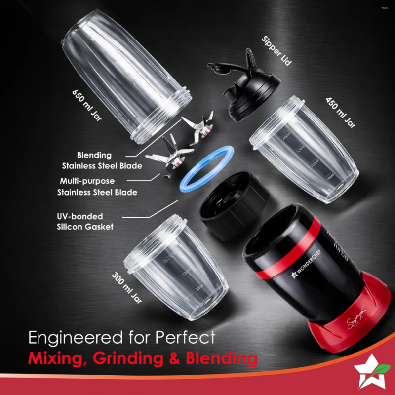 Wonderchef Nutri-blend Turbo 750W 3 Jar 22000 RPM Mixer Grinder Blender, Stainless Steel Blades, Black & Red