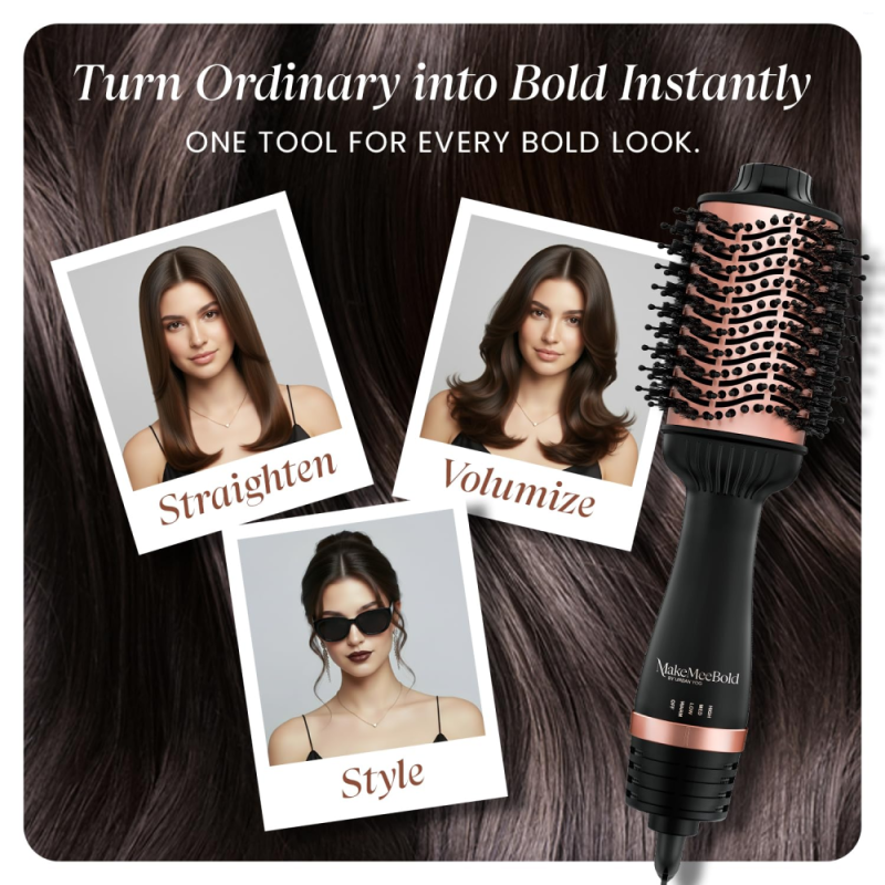 Urban Yog MakeMeeBold 2-in-1 Hot Air Brush with Hair Dryer & Straightener, 3 Temperature & 2 Speed Settings, 360° Airflow Vents, PTC Fast Heating, Ceramic Plates & Auto Shut-Off