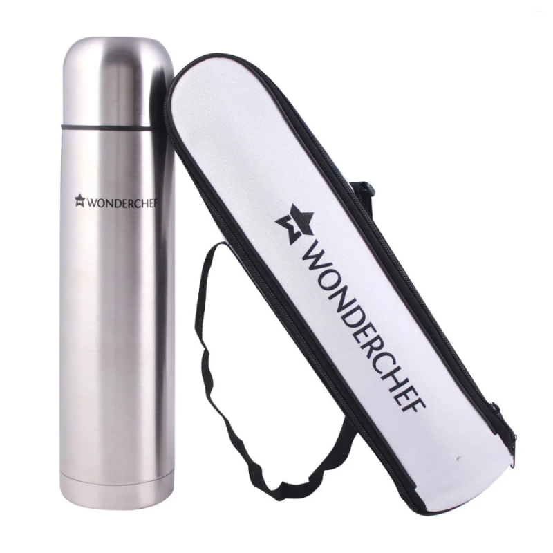 Wonderchef Hot-Bot 500 ml Double Wall Stainless Steel Vacuum Flask with Copper-Plated Inner Wall, Travel Pouch & Spill-Proof Lid