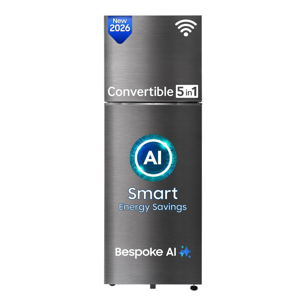 Samsung 350 Litres 3 Star Convertible 5-in-1 Frost Free Double Door Refrigerator with Digital Inverter, WiFi and Bespoke AI (RT38HG5A23BXHL, Luxe Black)