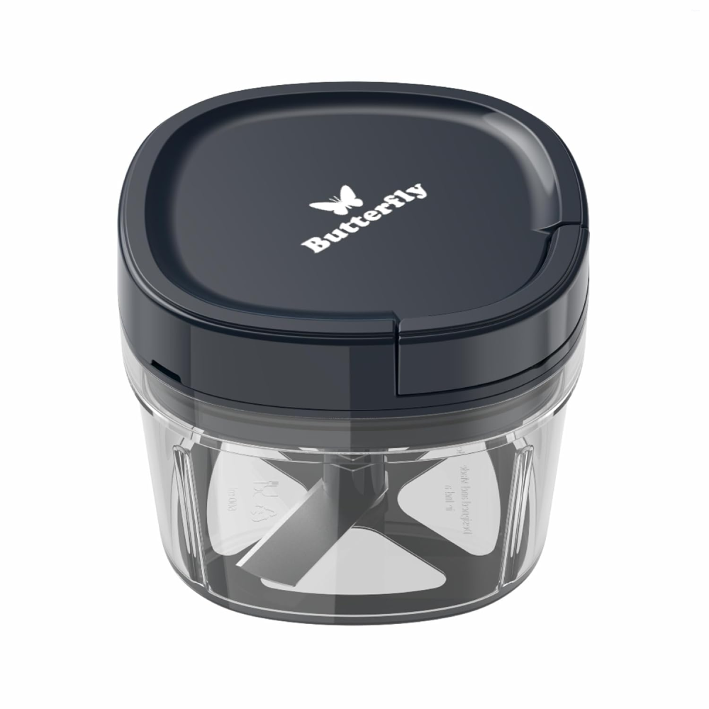 Butterfly Mini Chopper 600 ml Blue Manual Vegetable Chopper with 3 Stainless Steel Blades, Food-Safe Body & Non-Skid Base