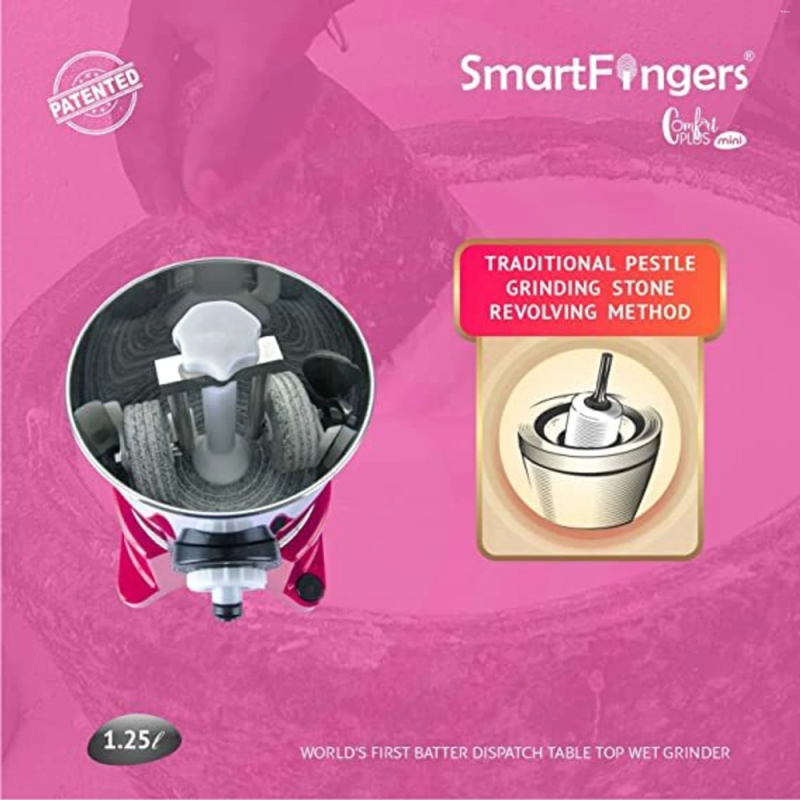 SmartFingers 1.25 L Comfort Plus Mini 110V Wet Grinder for USA, 120W Motor, Hands-Free Batter Dispenser