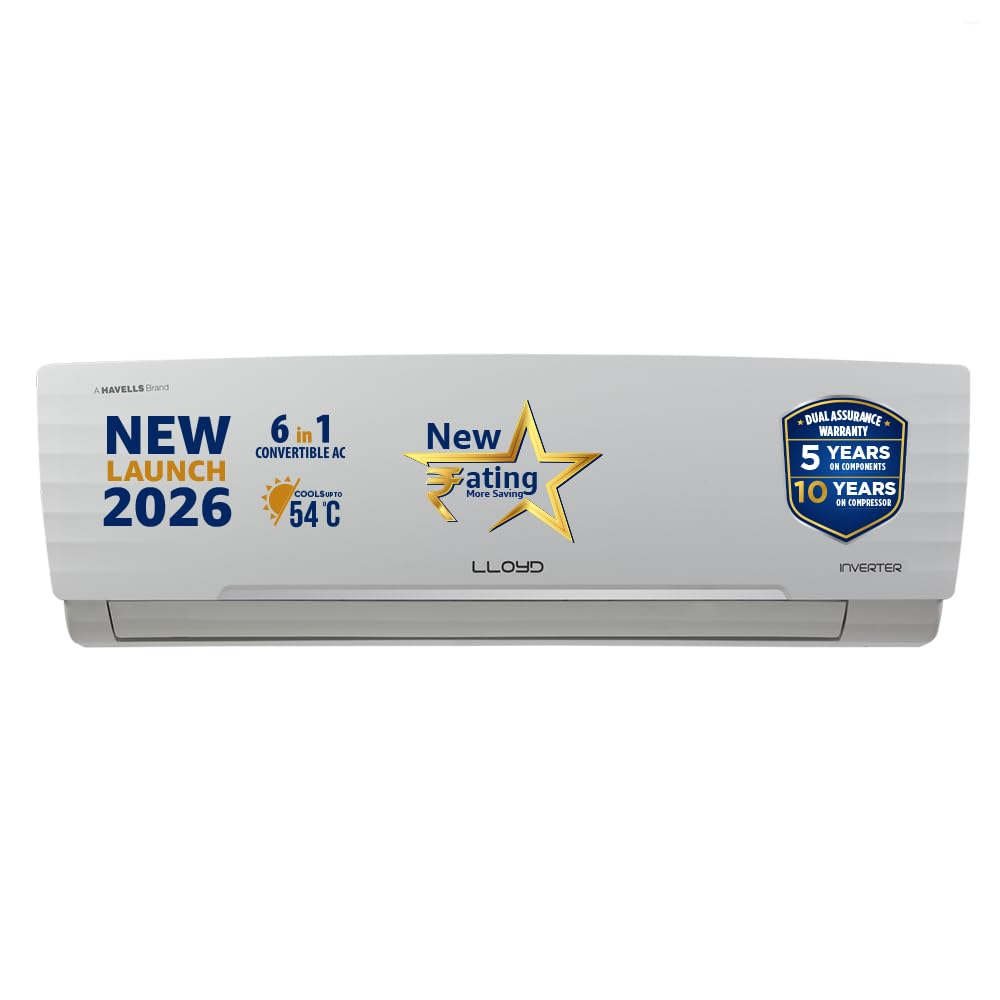 Lloyd 1.5 Ton 5 Star Inverter Split Air Conditioner with 6 in 1 Convertible, Cools Up To 54°C, DG Mode, Ice Clean, Smart 4 Way Swing and Turbo Cool (GLS18I5AGGGW, White)