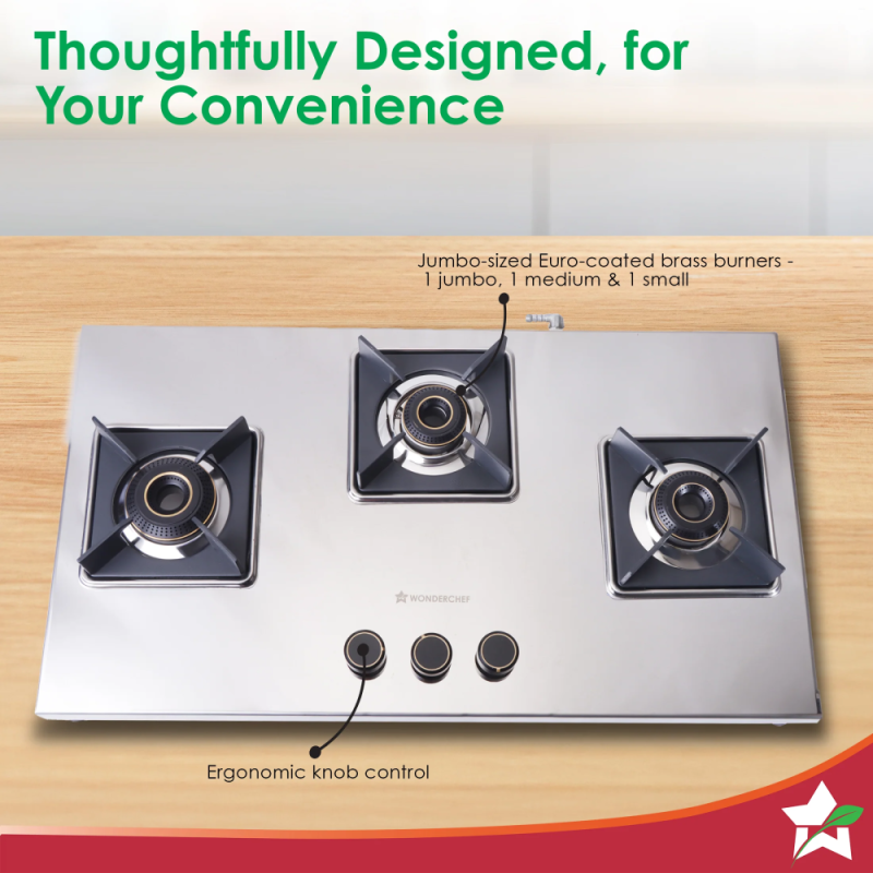 Wonderchef Inox 3 Brass Burner Manual Hobtop, 2mm Stainless Steel, LPG, Spill-Proof Design