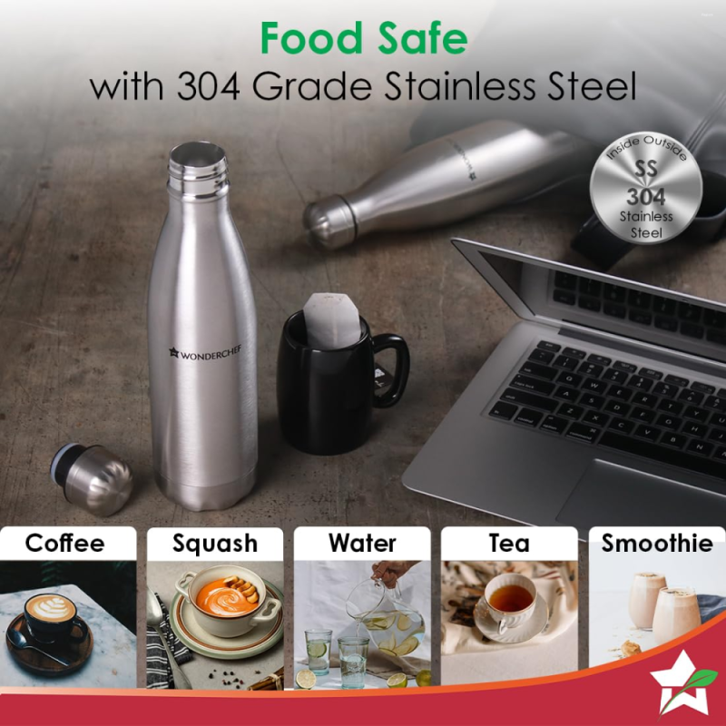 Wonderchef Aqua-Bot 500ml Double Wall Stainless Steel Vacuum Insulated Hot & Cold Flask, Spill & Leak Proof, Silver
