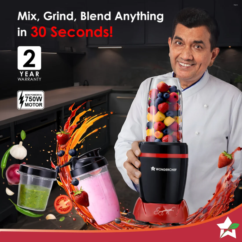 Wonderchef Nutri-blend Turbo 750W 3 Jar 22000 RPM Mixer Grinder Blender, Stainless Steel Blades, Black & Red