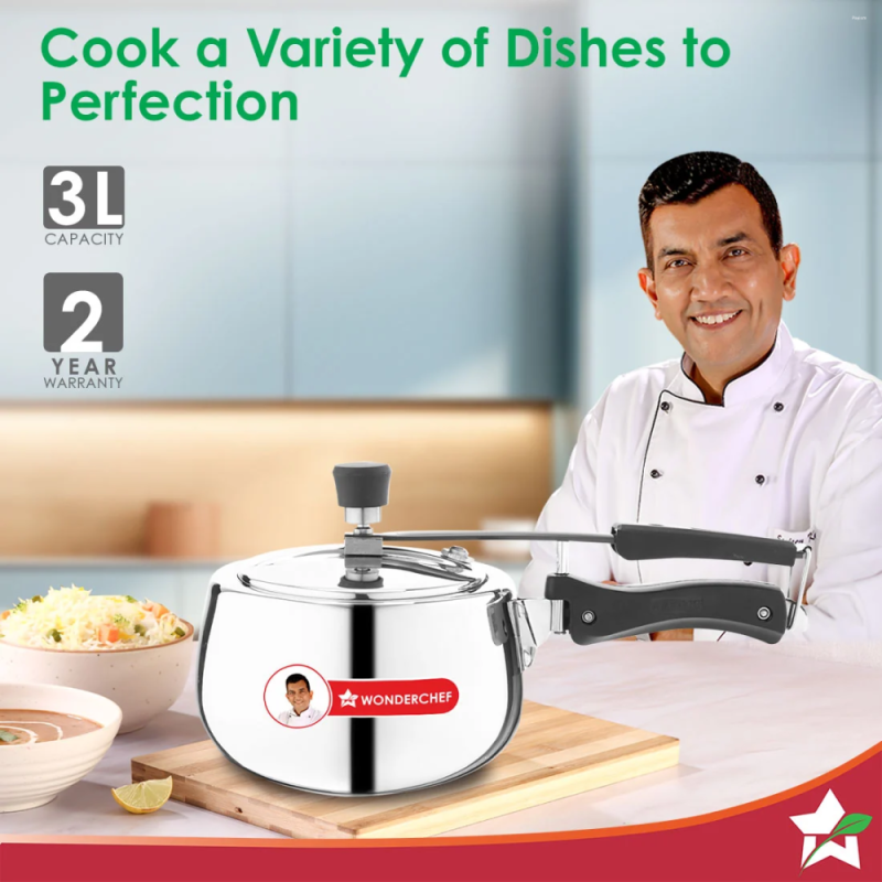 Wonderchef Nigella Tri-Ply 3L Inner Lid Pressure Cooker, 18/10 Stainless Steel, Contour Shape, Induction & Gas Compatible