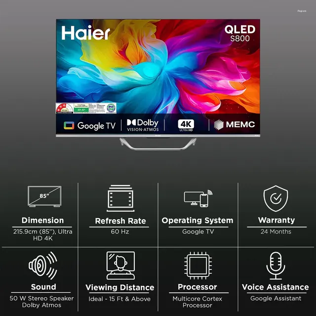 Haier 85 Inch 4K QLED Google TV with Dolby Vision, Dolby Atmos, MEMC & Hands-Free Voice Control 85S800QT-P