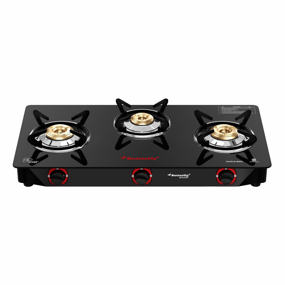Butterfly Trio 3B 3 Burner Glass Top Gas Stove with Brass Burners, Toughened Glass & ABS Knobs