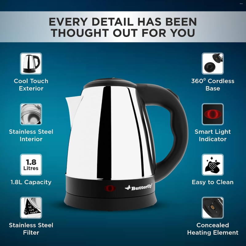 Butterfly EKN 1.8 Litre 1500W Stainless Steel Electric Kettle with Auto Cut-Off, Concealed Heating Element & Thermostat Control