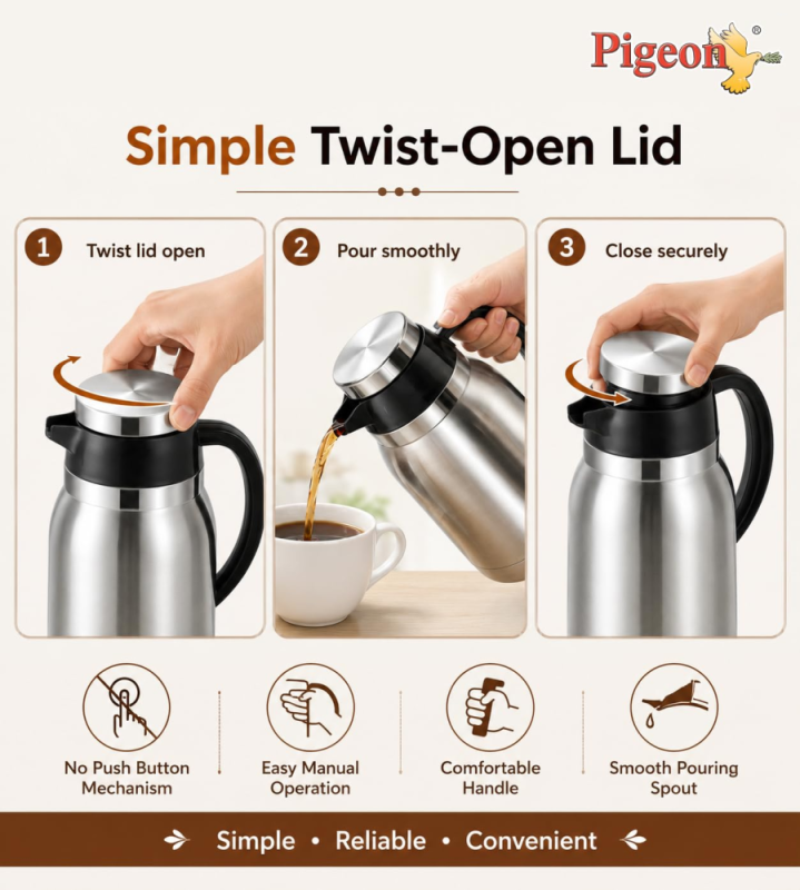 Pigeon Hot Shot 500 ml Stainless Steel Insulated Tea Jug with Double-Wall Vacuum Insulation & Leak-Proof Lid