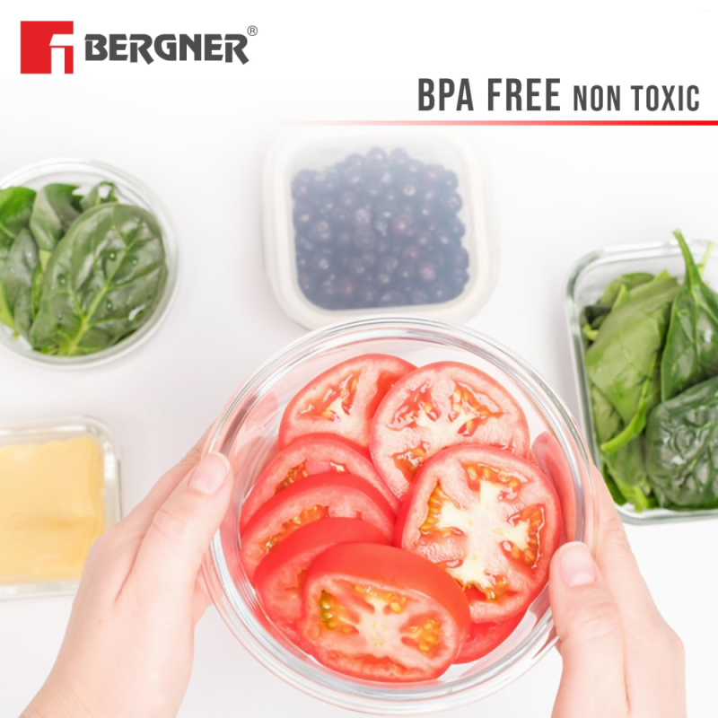 Bergner Acadia 4pcs Lunch Bag Set (3 Glass Container + 1 Lunch Bag) 400ml x 3 Borosilicate Glass, Acacia Wood Lid BGIN-6490