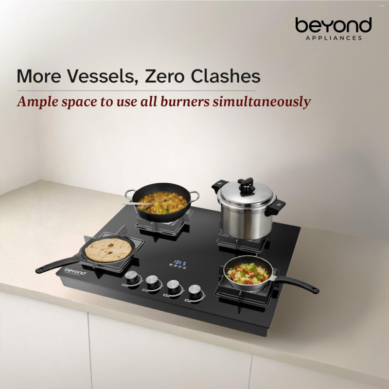 Beyond by BeyondNXT Solaria BACT-SO4BL-BA-002 4 Burner Gas Cooktop with 8mm Toughened Glass, Full Brass Burners, Auto Ignition & Smart Timer