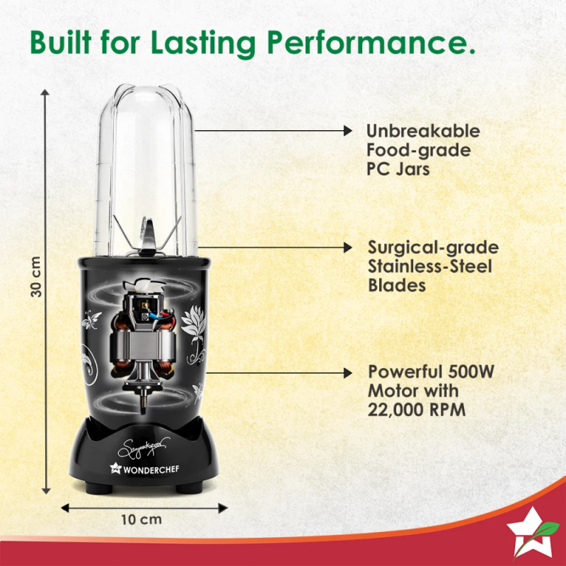Wonderchef Nutri-blend 500W 3-Jar Mixer Blender with 500 ml Sipper Jar, 22000 RPM, Copper Motor & Stainless Steel Blades