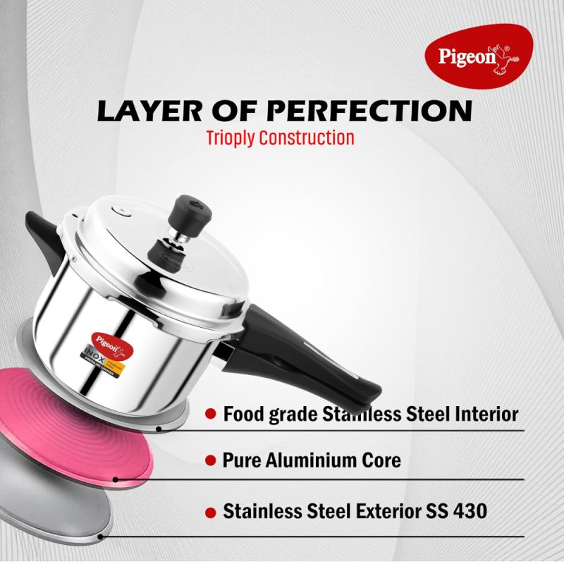 Pigeon Inox 2L Stainless Steel Pressure Cooker with Outer Lid & Sandwich Bottom