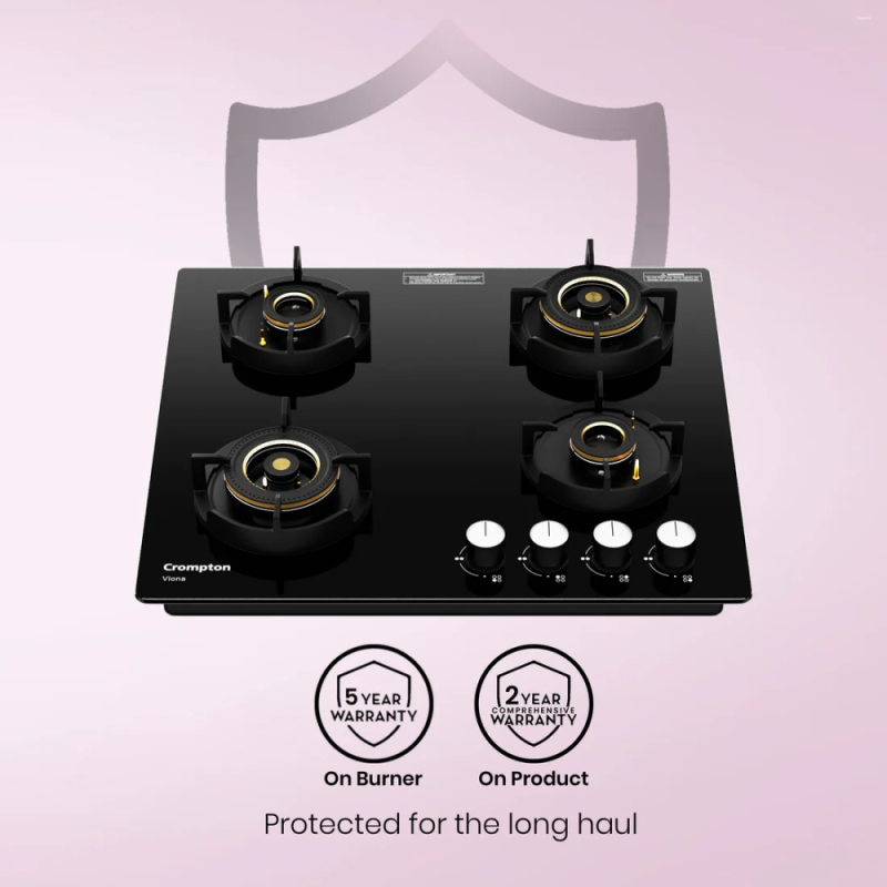 Crompton Viona 60cm 4 Burner Built-in Gas Hob with Auto Ignition & Flame Failure Safety (HOB-VNDC604-MBL)