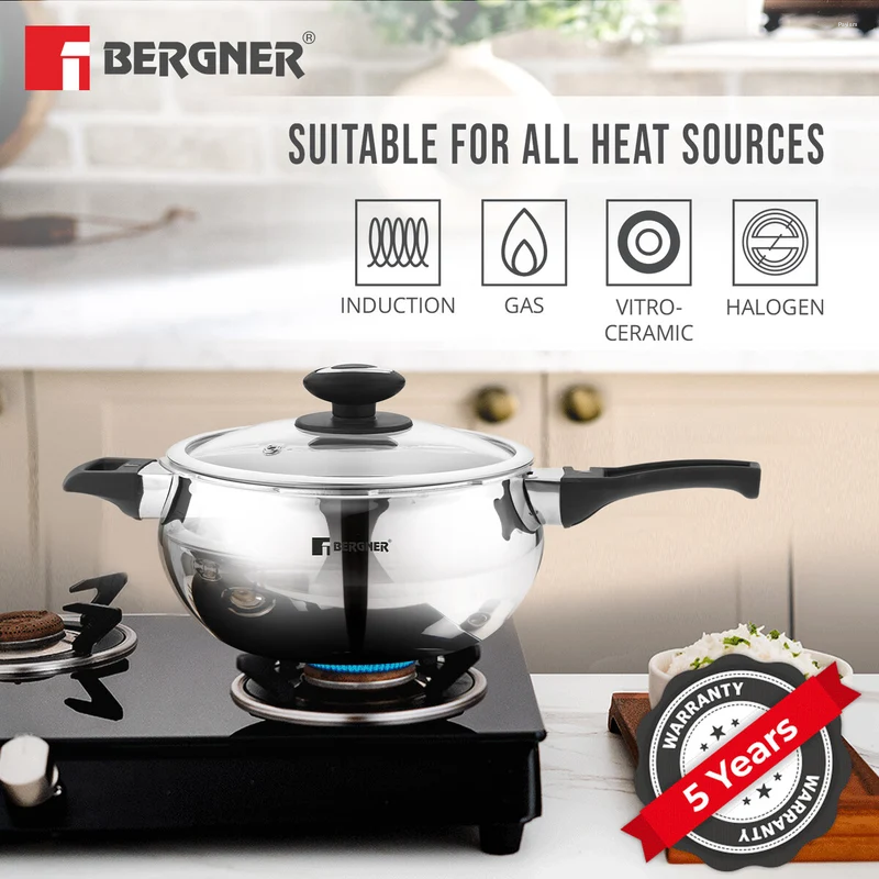 Bergner Argent Paarth Tri-Ply SS Outer Lid Pressure Cooker 2L Tri-Ply Stainless Steel, Induction Ready BGIN-6561