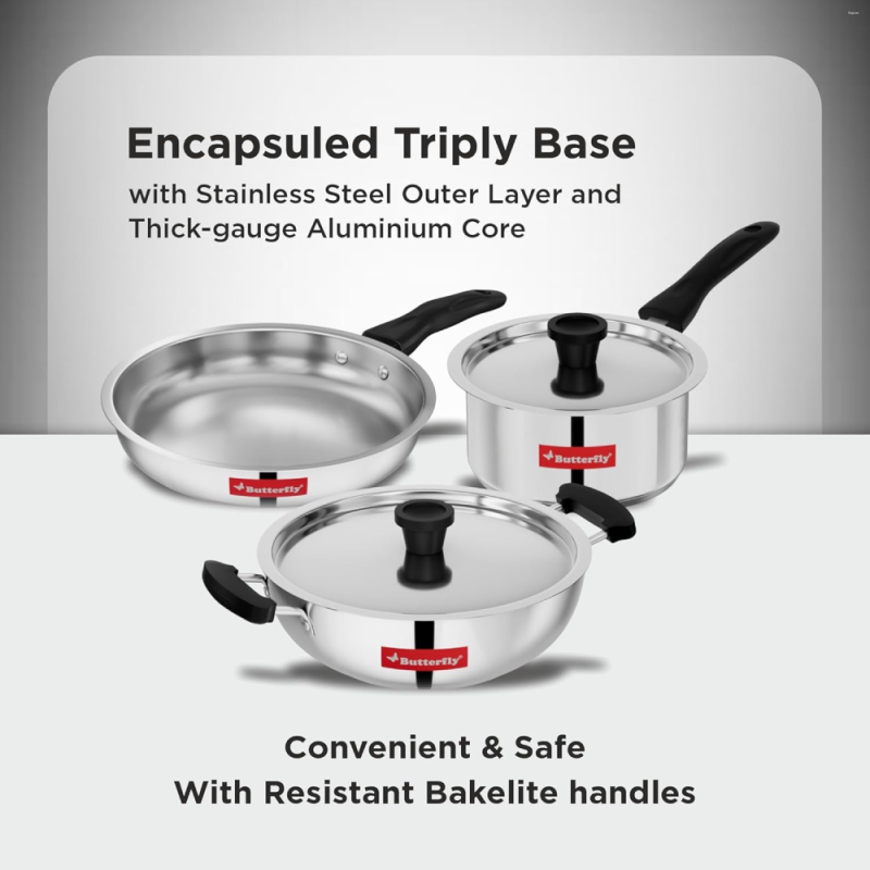 Butterfly Classic 5-Piece Stainless Steel Cookware Set with 22 cm Fry Pan, 22 cm Kadai & 16 cm Saucepan, Induction Base