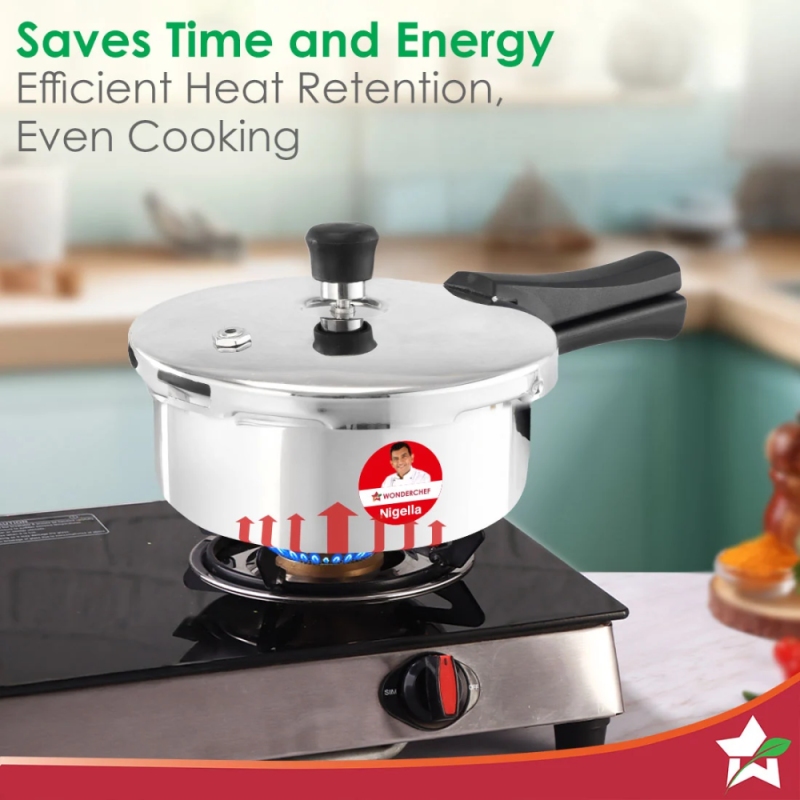 Wonderchef Nigella Tri-Ply 2L Outer Lid Pressure Cooker, 18/10 Stainless Steel, Induction & Gas Compatible, ISI Certified