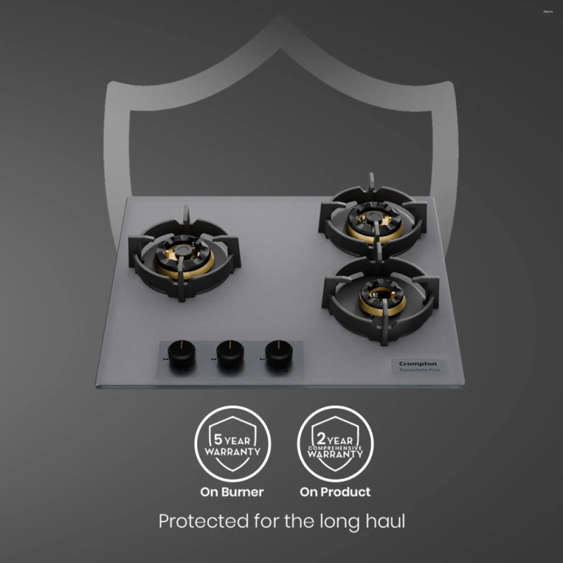 Crompton SensoSafe Plus 60cm 3 Burner Built-in Gas Hob with Full Brass 3D Burners, Auto Ignition & Flame Failure Safety (HOB-SSFB603SP-MBU)