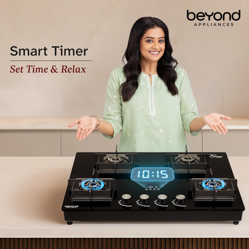 Beyond by BeyondNXT Solaria BACT-SO4BL-BA-002 4 Burner Gas Cooktop with 8mm Toughened Glass, Full Brass Burners, Auto Ignition & Smart Timer