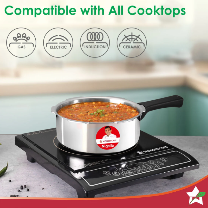 Wonderchef Nigella Tri-Ply 2L Outer Lid Pressure Cooker, 18/10 Stainless Steel, Induction & Gas Compatible, ISI Certified