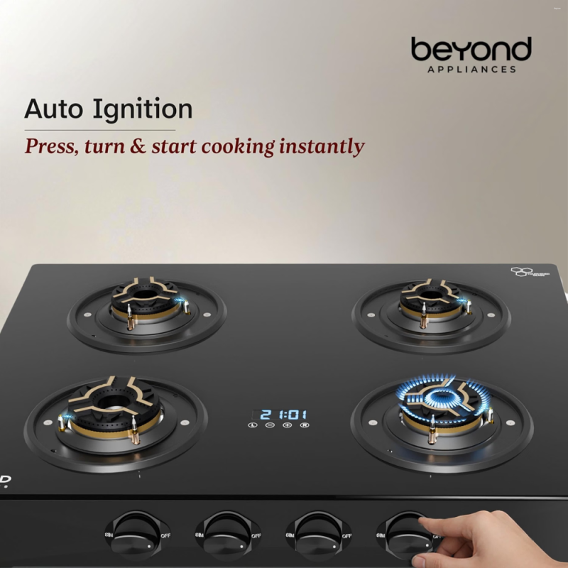 Beyond by BeyondNXT Auriga Pro BA-4B-AU-FB-64-CT-V2 4 Burner Full Brass Gas Cooktop with Auto Ignition, Digital Timer & Flame Failure Device