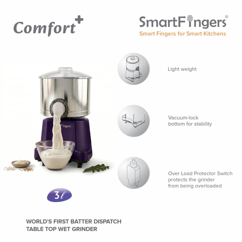 SmartFingers 3 L Comfort Plus Wet Grinder with Attachment, Hands-Free Batter Dispenser, Stainless Steel Drum