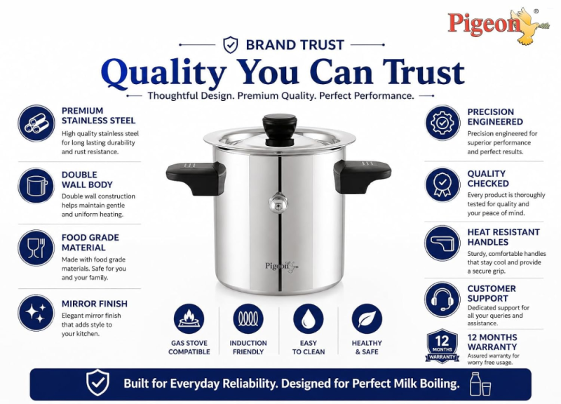 Pigeon Elegant 2 Litre Stainless Steel Milk Boiler with Induction Base, Whistle & Cool-Touch Bakelite Handles