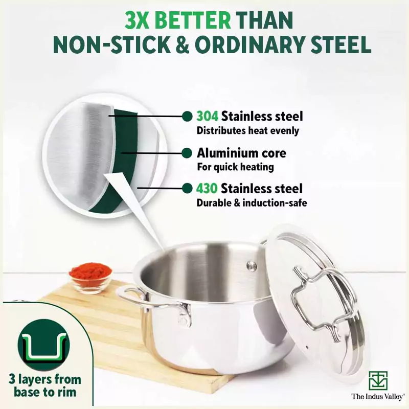 The Indus Valley 18cm Saucepot Tri-Ply Stainless Steel, Lid KC-TP-ST-010