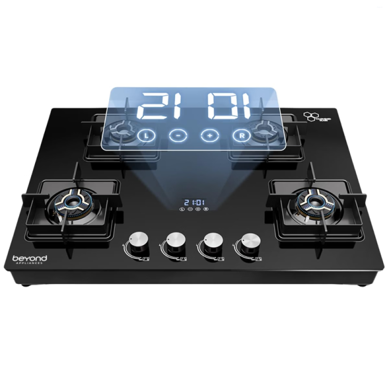 Beyond by BeyondNXT Solaria BACT-SO4BL-BA-002 4 Burner Gas Cooktop with 8mm Toughened Glass, Full Brass Burners, Auto Ignition & Smart Timer