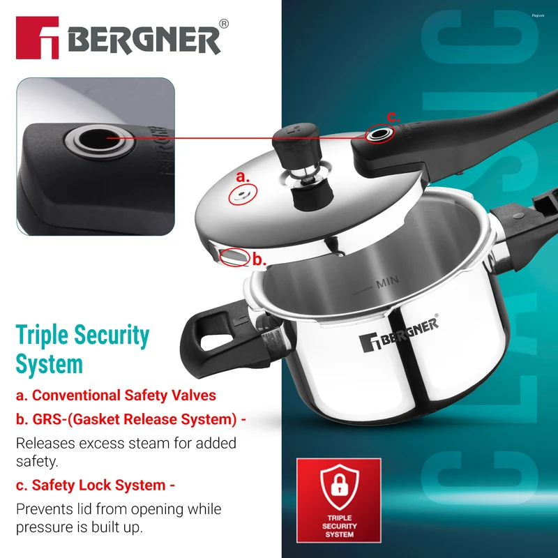 Bergner Argent Elements Elements SS Pressure Cooker 1.5L Tri-Ply Stainless Steel, Induction Ready BGD-9700-MM