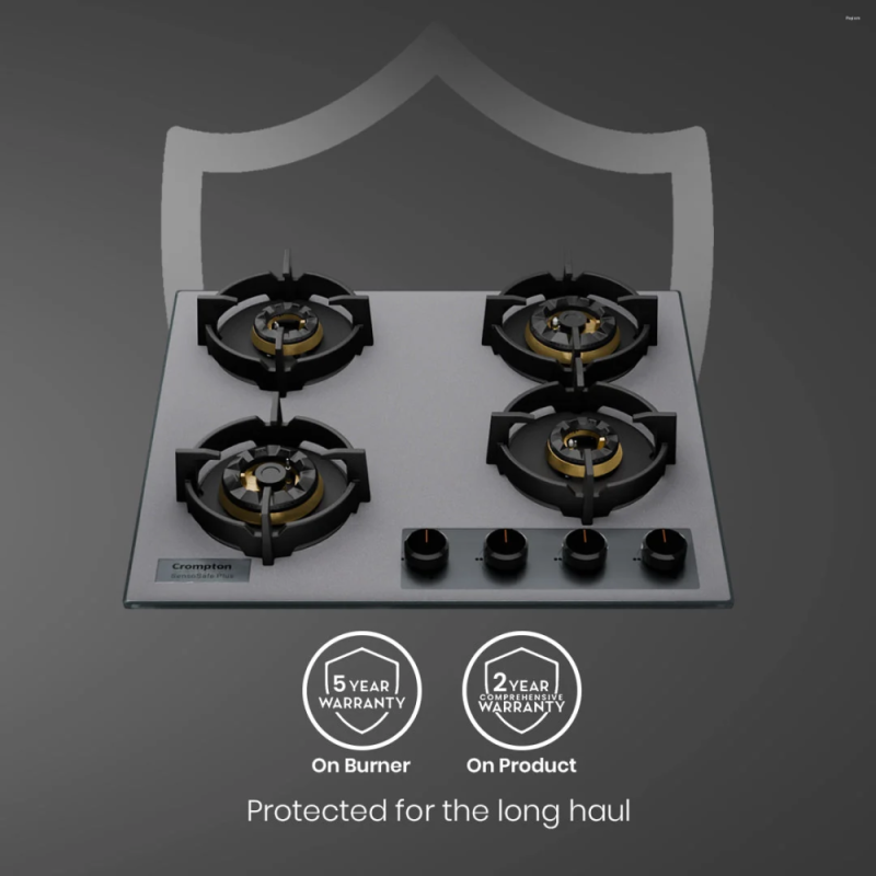 Crompton SensoSafe Plus 60cm 4 Burner Built-in Gas Hob with Full Brass 3D Burners, Auto Ignition & Flame Failure Safety (HOB-SSFB604SP-MBU)