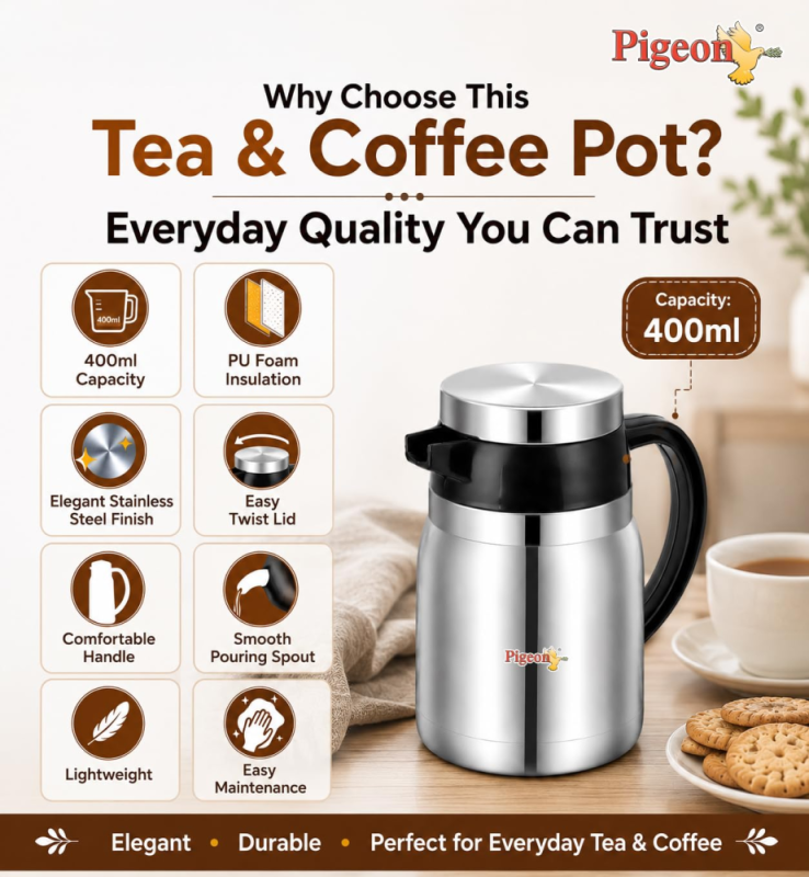 Pigeon Hot Shot 400 ml Stainless Steel Insulated Tea Jug with Double-Wall Vacuum Insulation