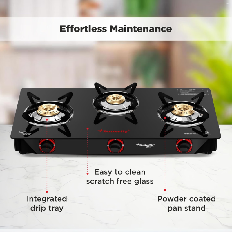 Butterfly Trio 3B 3 Burner Glass Top Gas Stove with Brass Burners, Toughened Glass & ABS Knobs