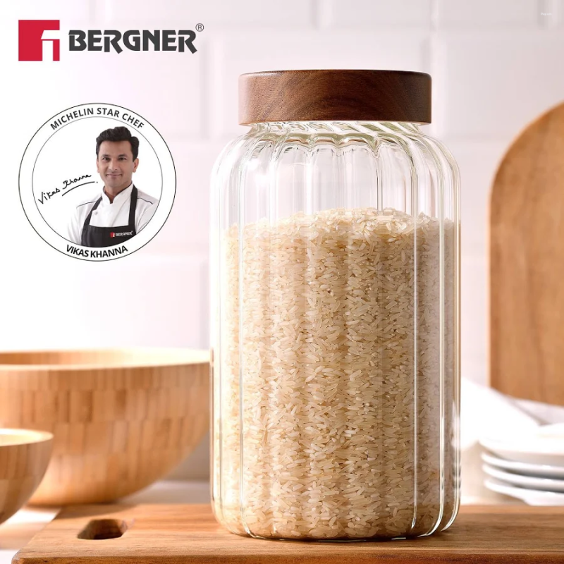 Bergner Acadia Acadia Striped Glass Jar 2.6L Borosilicate Glass, Acacia Wood Lid BG-20550-MM