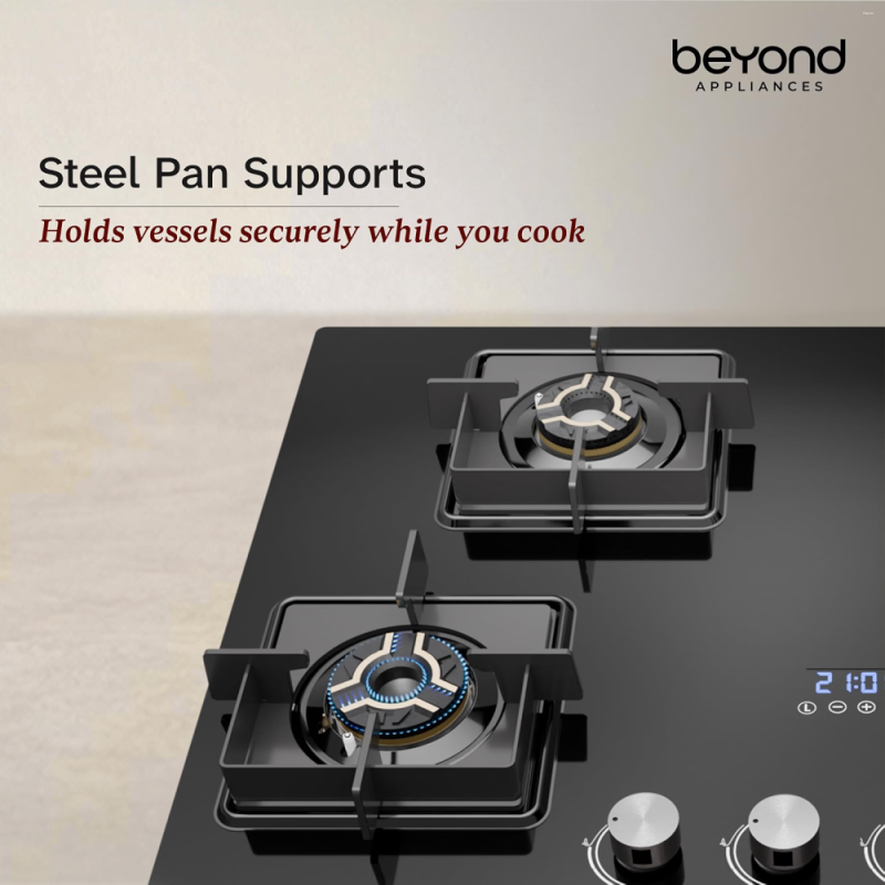 Beyond by BeyondNXT Solaria BACT-SO4BL-BA-002 4 Burner Gas Cooktop with 8mm Toughened Glass, Full Brass Burners, Auto Ignition & Smart Timer