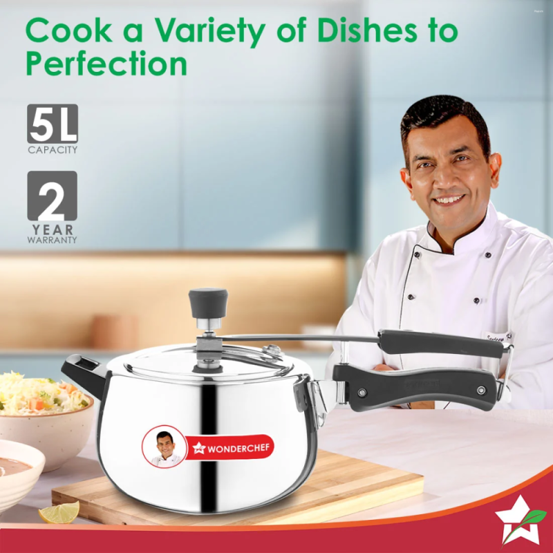 Wonderchef Nigella Tri-Ply 5L Inner Lid Pressure Cooker, 18/10 Stainless Steel, Contour Shape, Induction & Gas Compatible