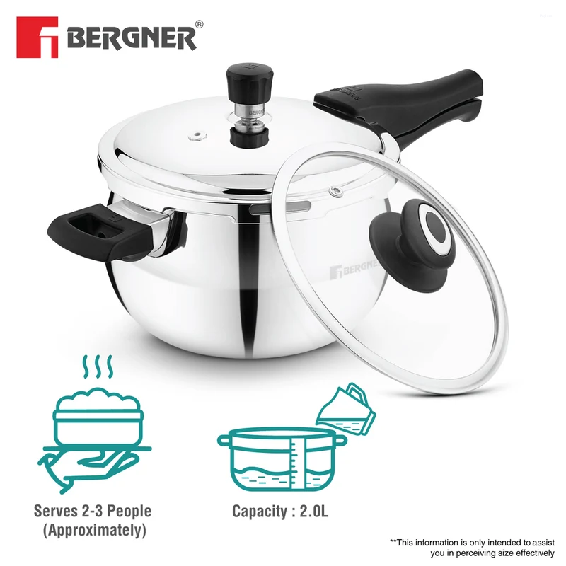 Bergner Argent Paarth Tri-Ply SS Outer Lid Pressure Cooker 2L Tri-Ply Stainless Steel, Induction Ready BGIN-6561