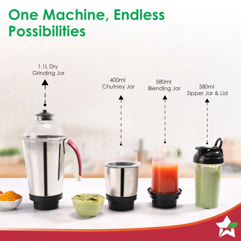 Wonderchef Acura Plus 750W 4-Jar Mixer Grinder with 1.5 L Dry Grinding Jar, 580 ml Sipper Jar, 3-Speed & Pulse Function